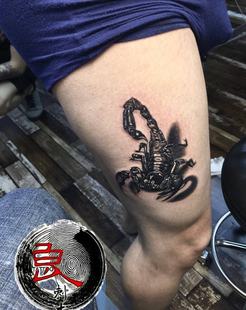 蝎子纹身图片_成品腿部欧美写实动物纹身图案