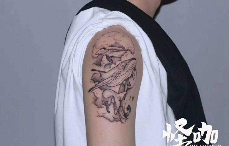 鲸纹身图片_手臂水墨纹身图案