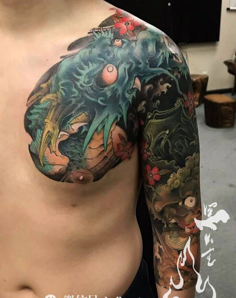 龙与唐狮…纹身图片_成品手稿手臂胸部手部传统国画原创宗教遮盖纹身图案