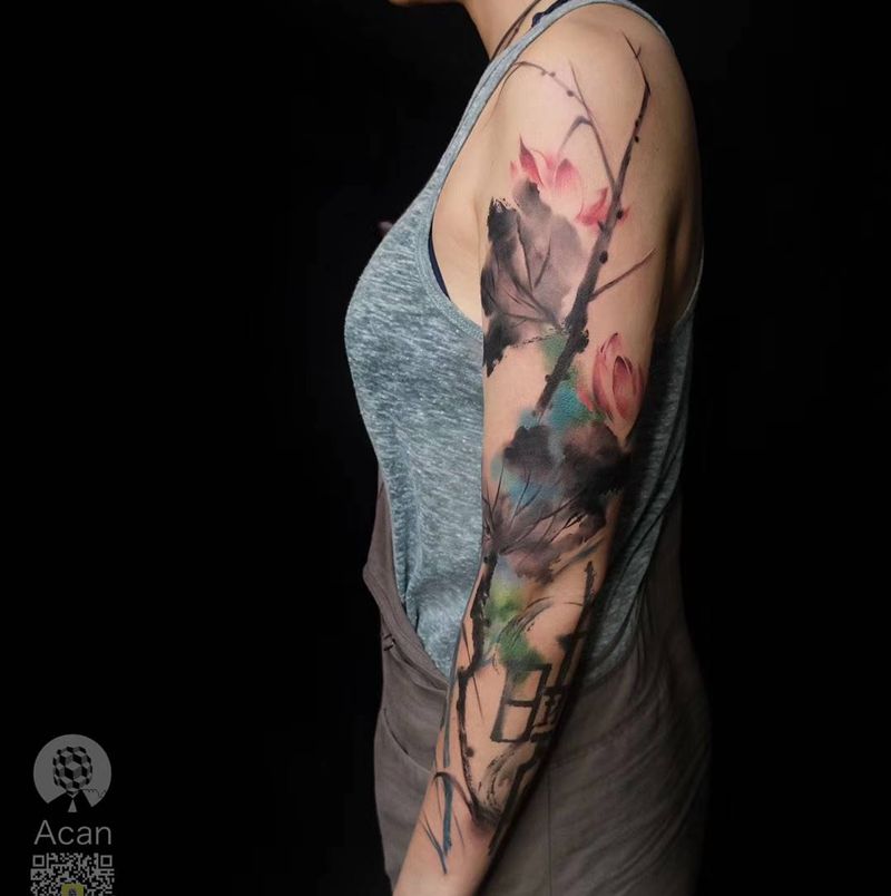 莲纹身图片_水彩水墨纹身图案