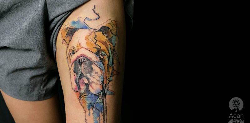 客人狗狗纹身图片_腿部水彩水墨纹身图案