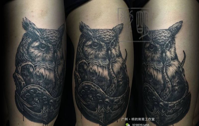猫头鹰,八爪鱼,船锚纹身图片