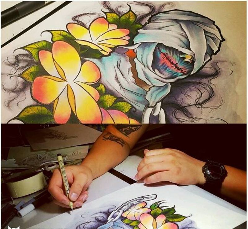 亡灵纹身图片_背部手臂腿部欧美肖像人物植物鬼神原创手稿纹身图案