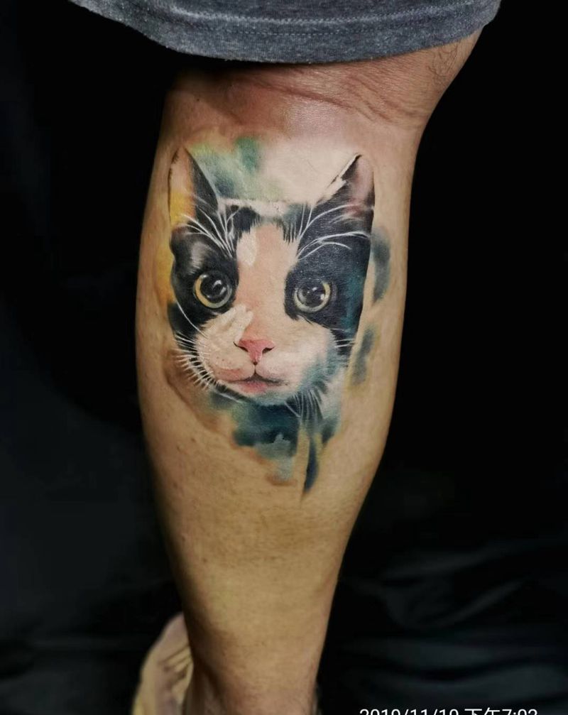 喵纹身图片_水彩欧美写实纹身图案