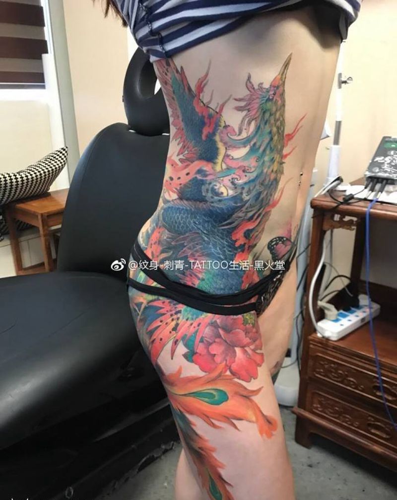 凤凰…纹身图片_成品手稿臀部腹部传统国画遮盖宗教原创动物纹身图案