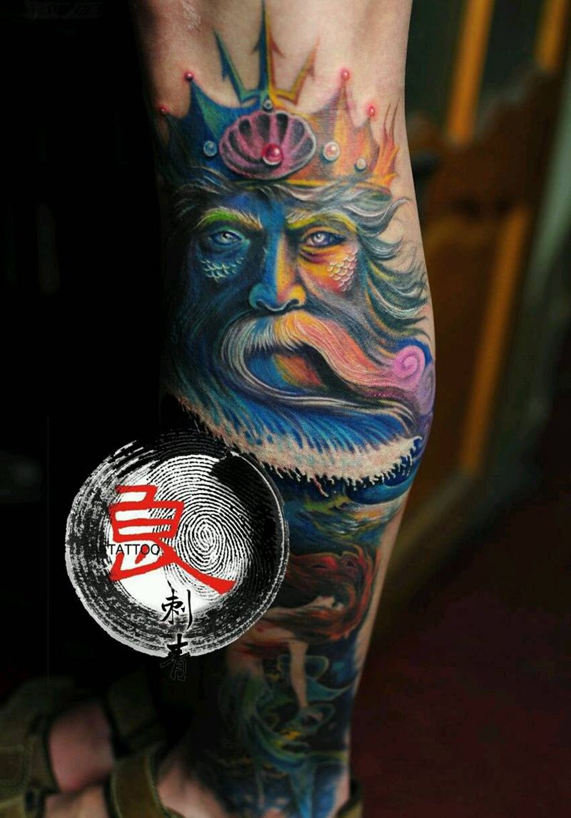 海神  波塞冬纹身图片_肩部腿部欧美肖像成品纹身图案