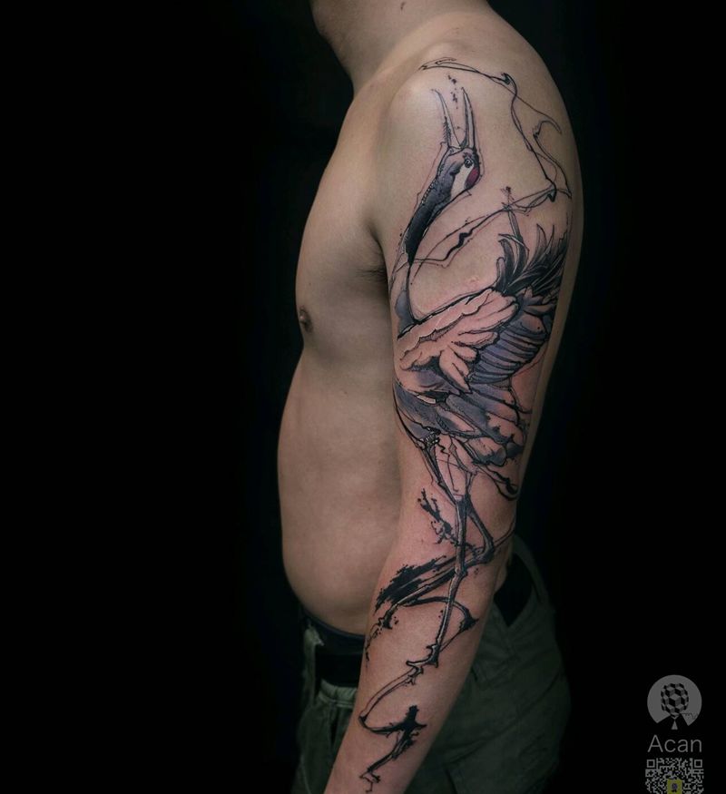 freestyle鹤纹身图片_手臂手部水彩水墨纹身图案