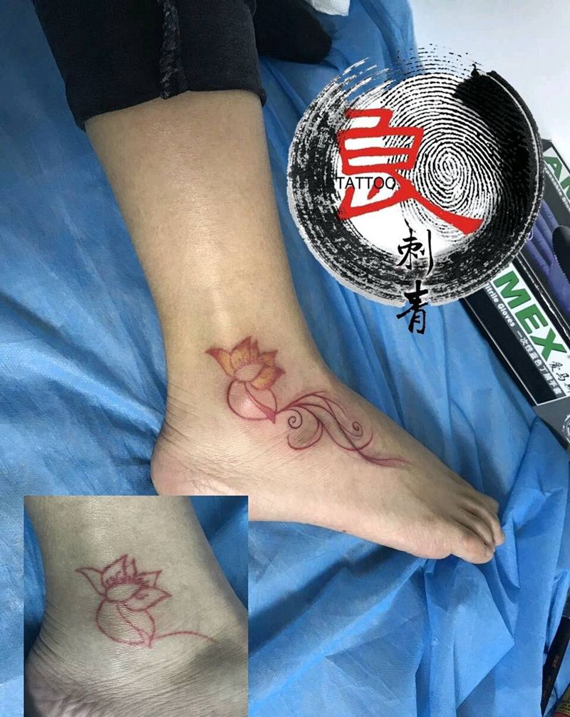 莲花 修改纹身图片_脚部清新几何图腾原创成品纹身图案
