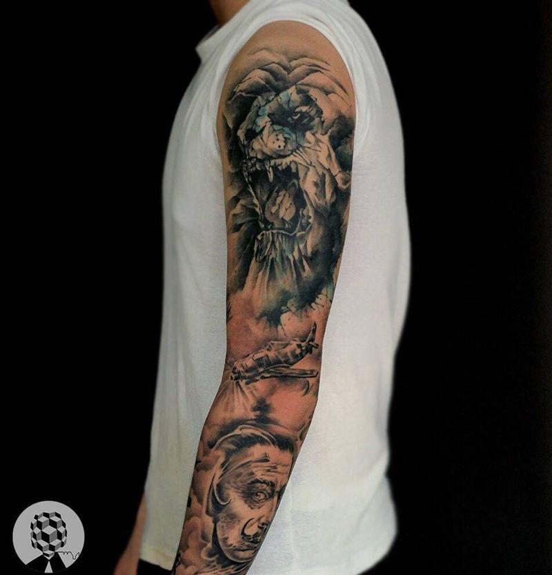 乱七八糟的拼了花臂纹身图片