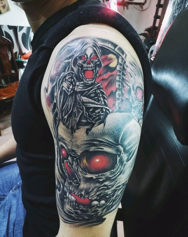 髅纹身图片_手臂欧美鬼神成品纹身图案