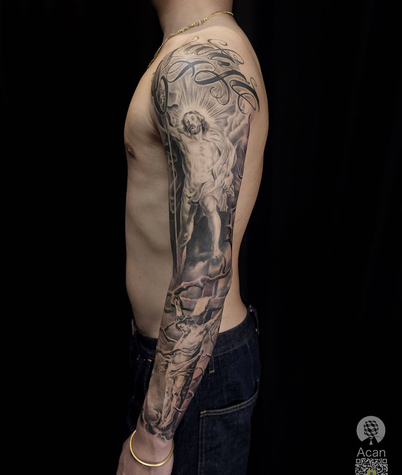 素描花臂纹身图片_手臂欧美写实纹身图案