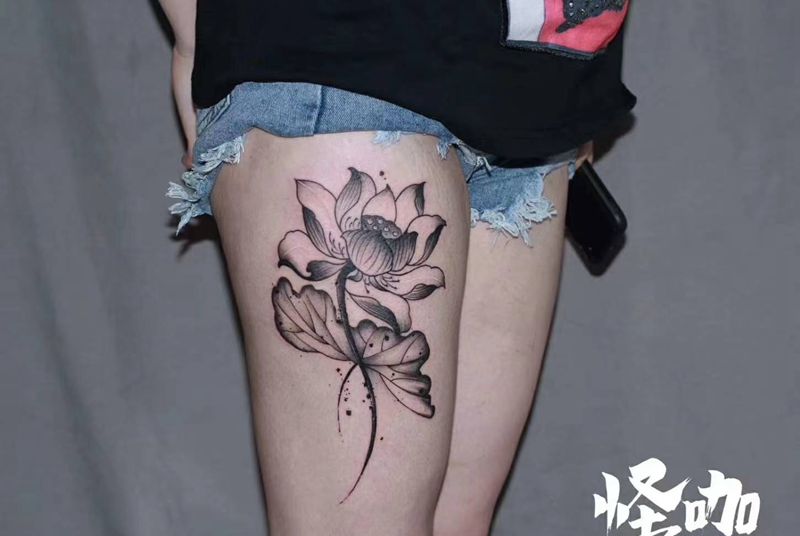 作品纹身图片_腿部新传统点刺纹身图案