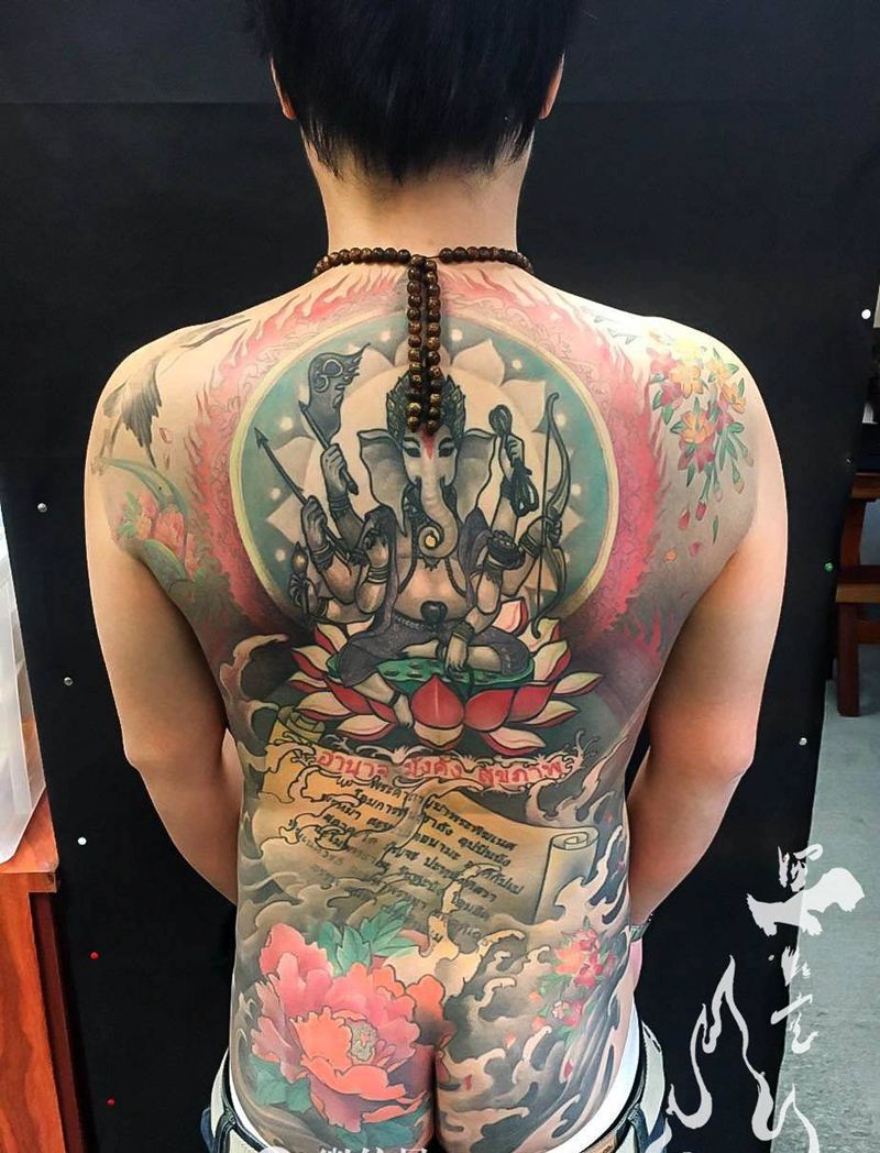 象神纹身图片_成品传统国画背部手稿动物人物宗教遮盖原创纹身图案