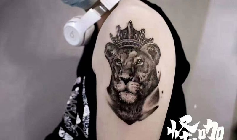 狮子纹身图片_手臂欧美写实纹身图案