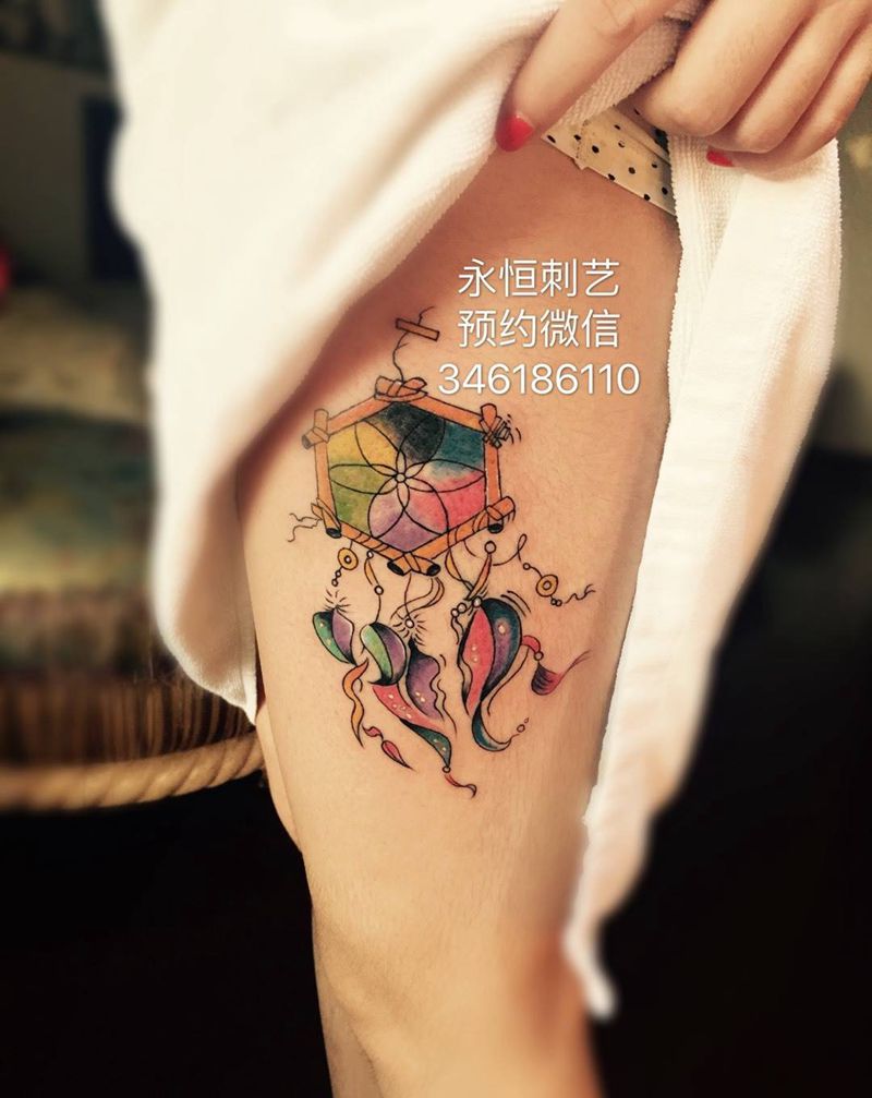 捕梦网纹身图片_成品腿部清新几何纹身图案