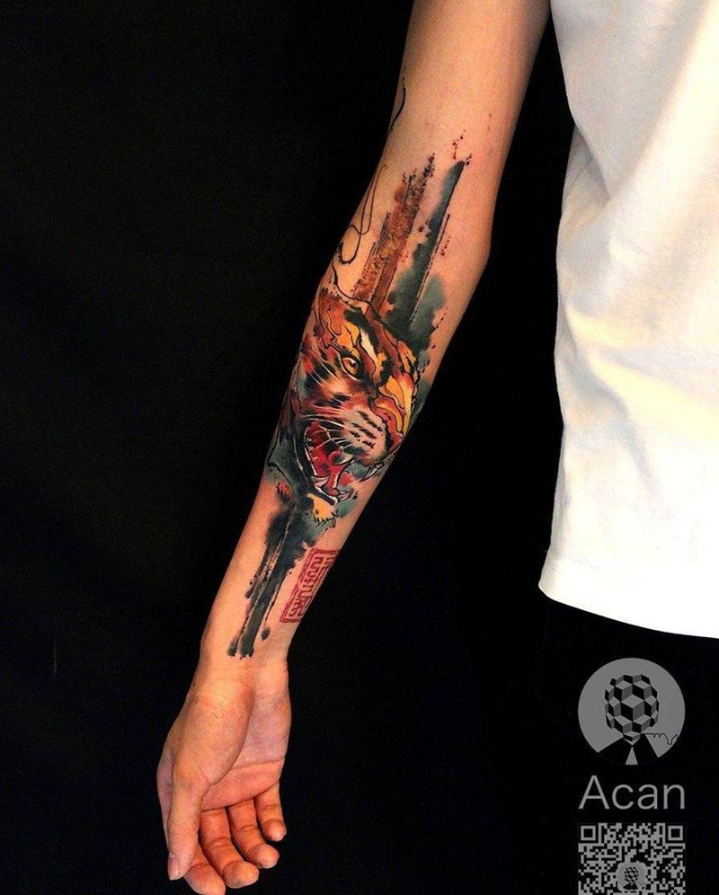 长啸一声风刮地，雄跳三劢兽奔群。纹身图片_原创动物传统清新手臂成品纹身图案