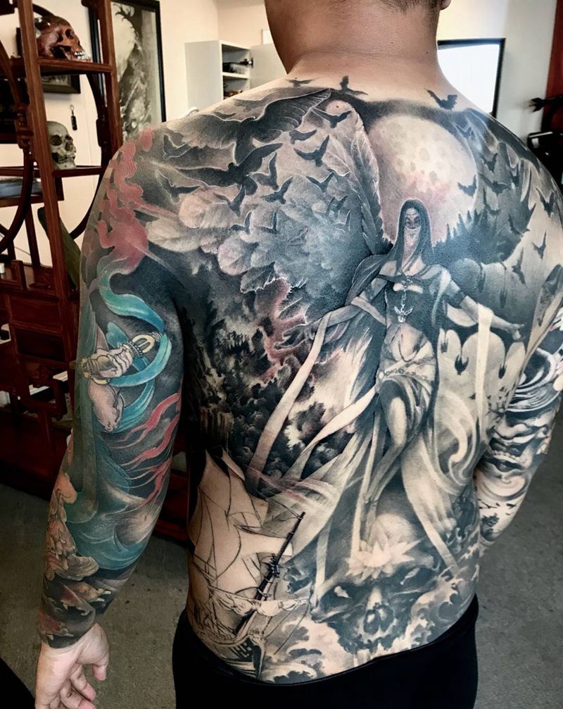 天使纹身图片_肩部手臂传统欧美国画肖像写实人物鬼神原创纹身图案