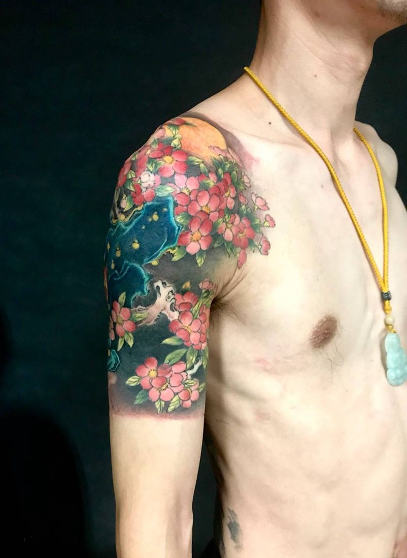 传统花纹身图片_手臂传统国画植物纹身图案