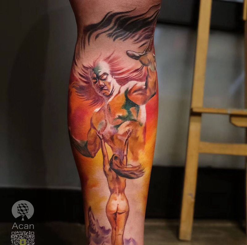 来吧纹身图片_腿部水彩纹身图案