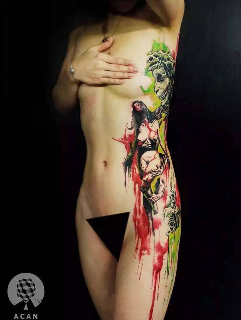 Acan作品纹身图片_腰部欧美人物鬼神原创纹身图案