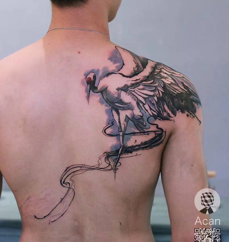 鹤纹身图片_成品肩部背部原创纹身图案