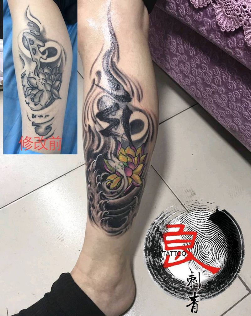 梵文 莲花修改纹身图片_腿部传统国画字符宗教成品纹身图案