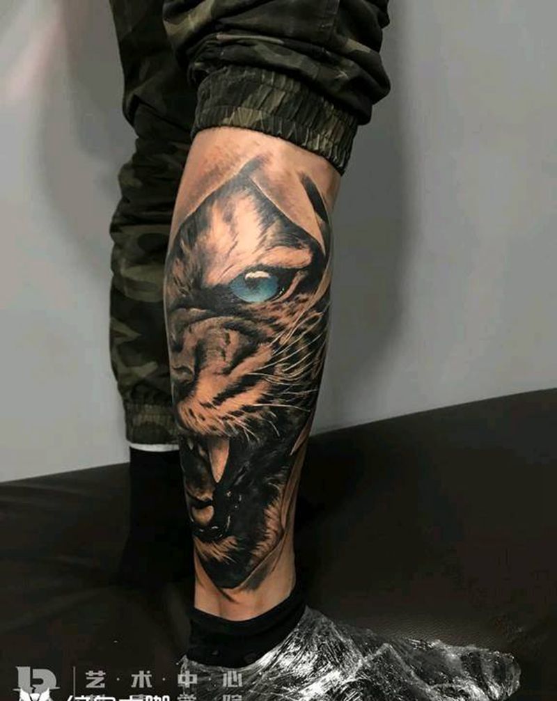 虎纹身图片_腿部欧美写实纹身图案