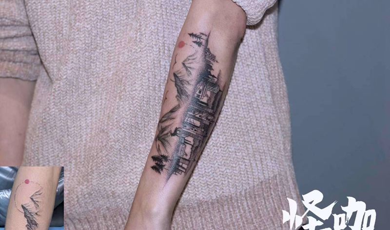 风景纹身图片_手臂遮盖山纹身图案