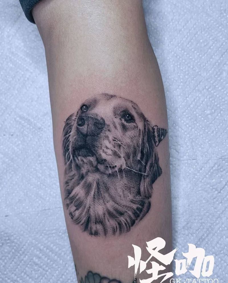 金毛犬纹身图片_手臂欧美写实宠物狗狗纹身图案