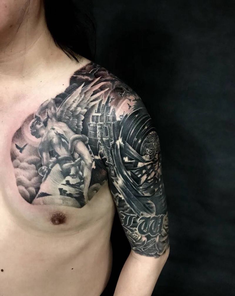 欧美半甲纹身图片_成品插画欧美肖像手臂胸部鬼神宗教遮盖纹身图案