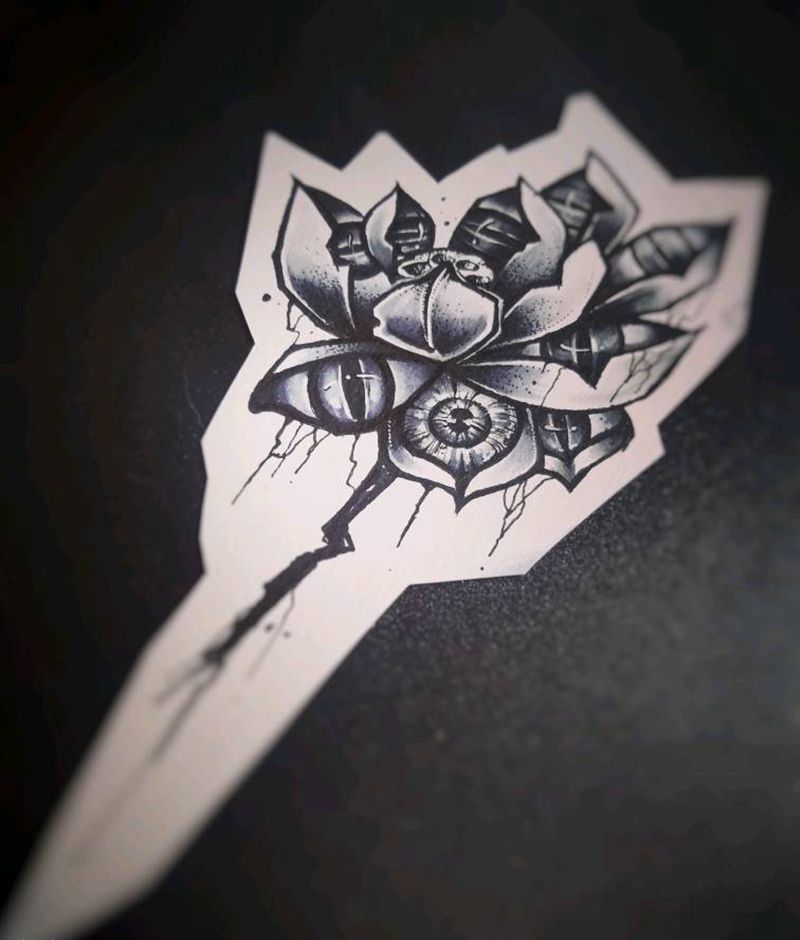 长着千里眼的暗黑系荷花~纹身图片_颈部腹部腰部背部手臂腿部欧美静物原创手稿纹身图案