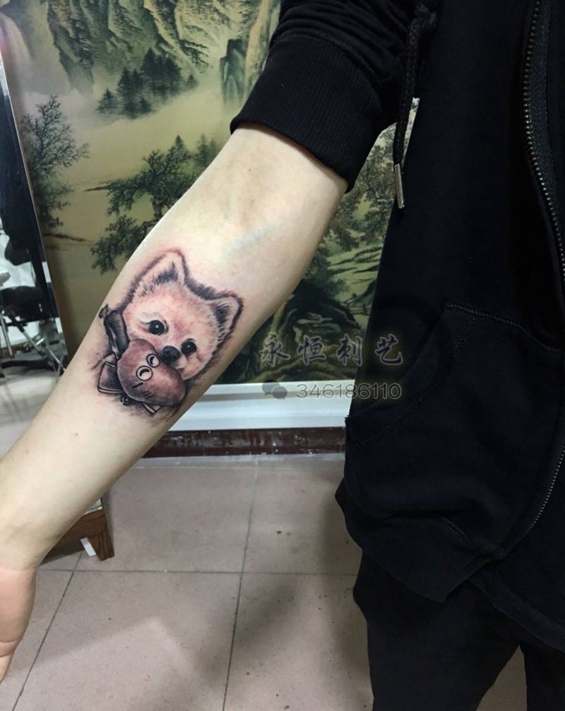 博美琦琦纹身图片_成品手臂清新写实动物纹身图案