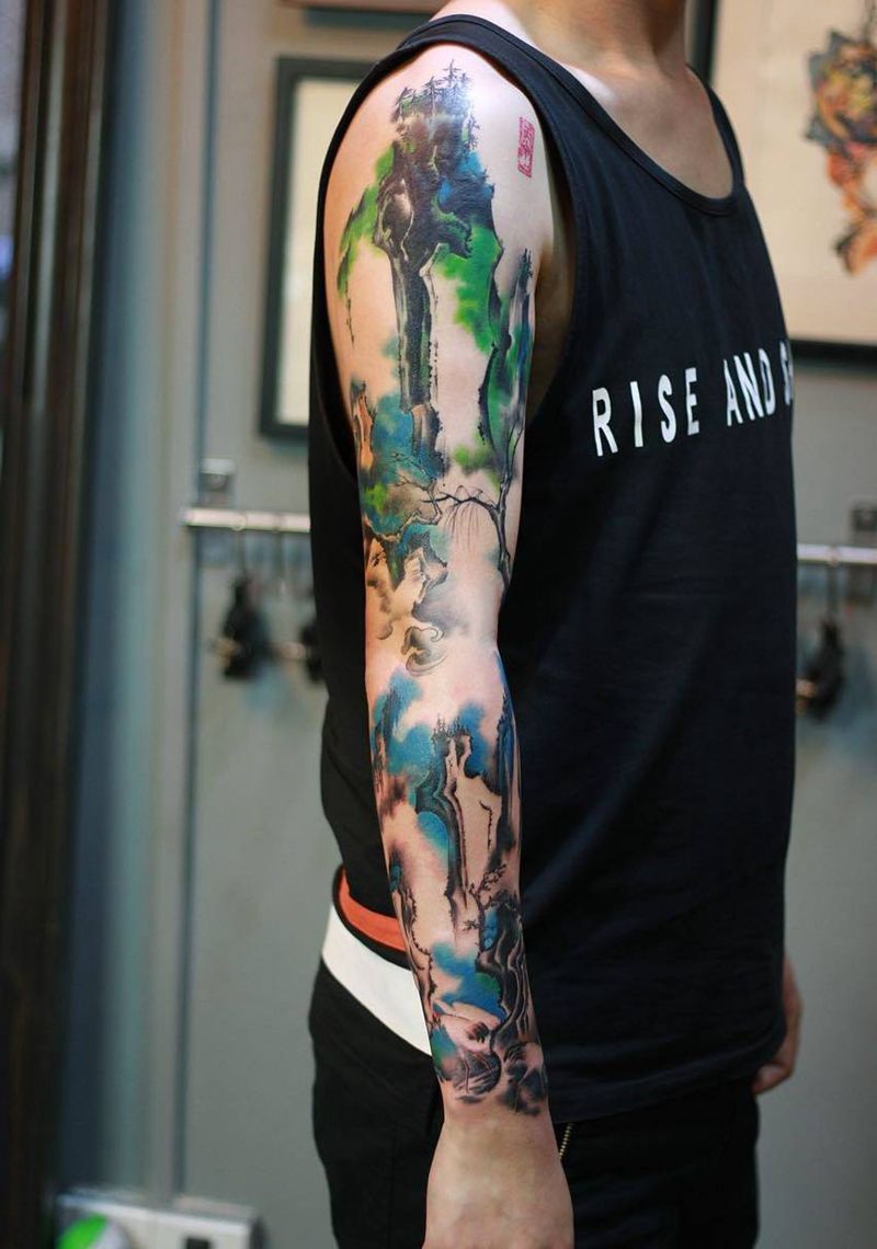 山水画纹身图片_成品手臂国画原创纹身图案