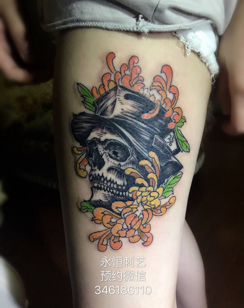 骷髅纹身图片_成品腿部清新欧美人物纹身图案