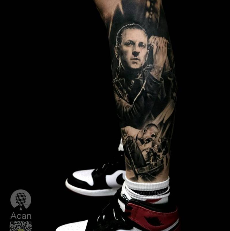 包小腿纪念偶像纹身图片_欧美写实林肯公园纹身图案