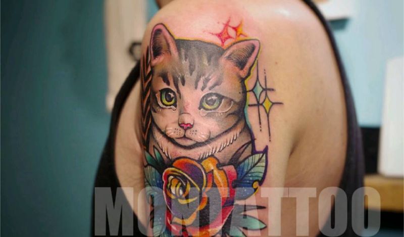 宠物定制纹身图片_肩部手臂欧美肖像清新写实动物植物原创成品纹身图案