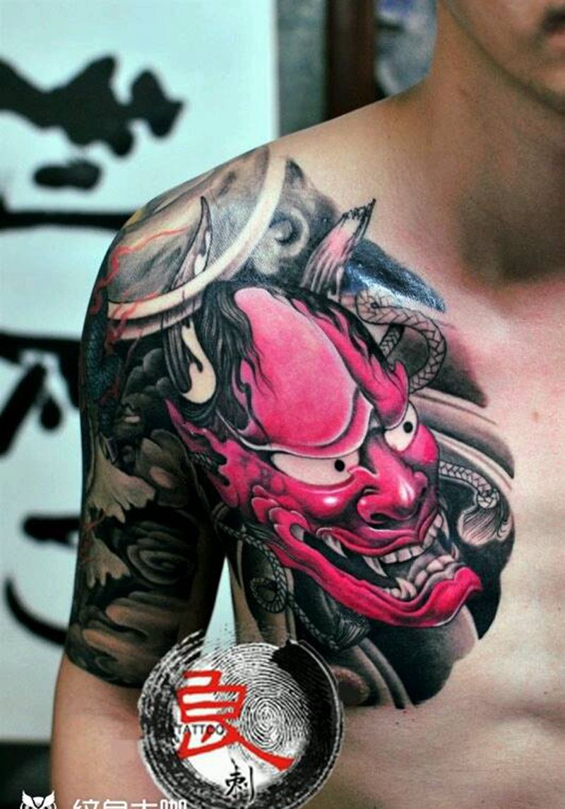 般若纹身图片_胸部传统成品纹身图案