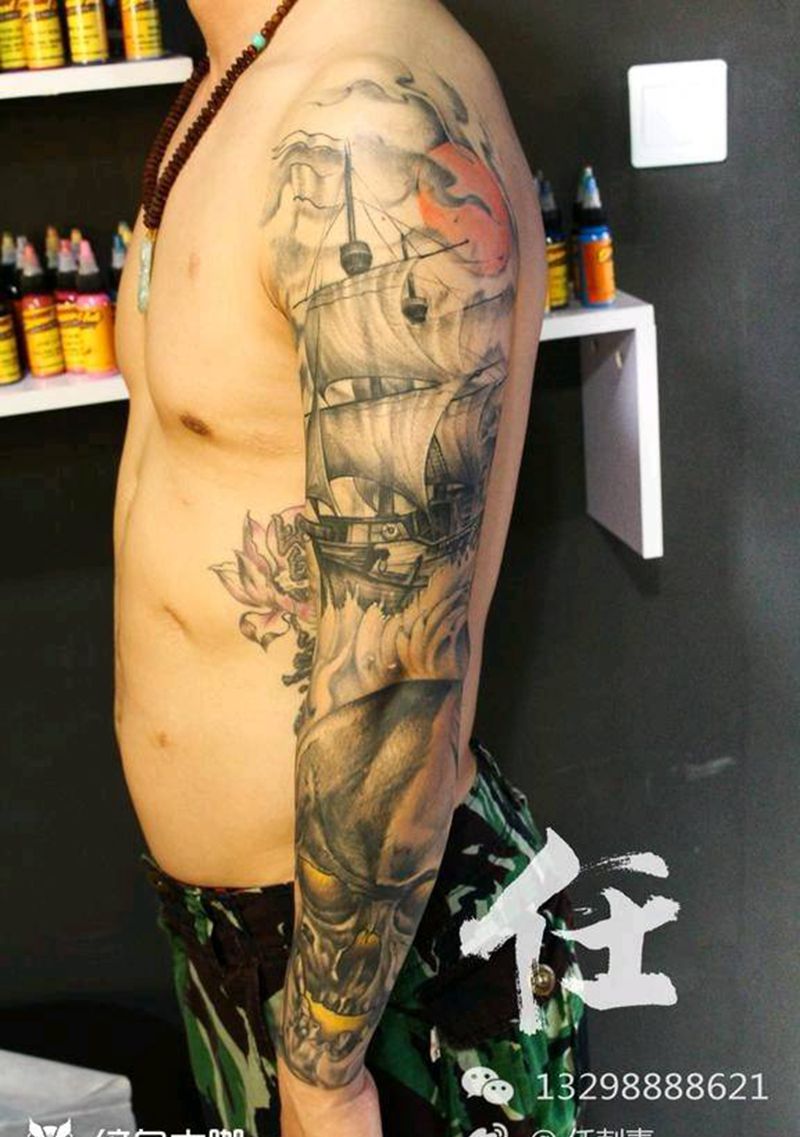 帆船纹身图片_手臂纹身图案