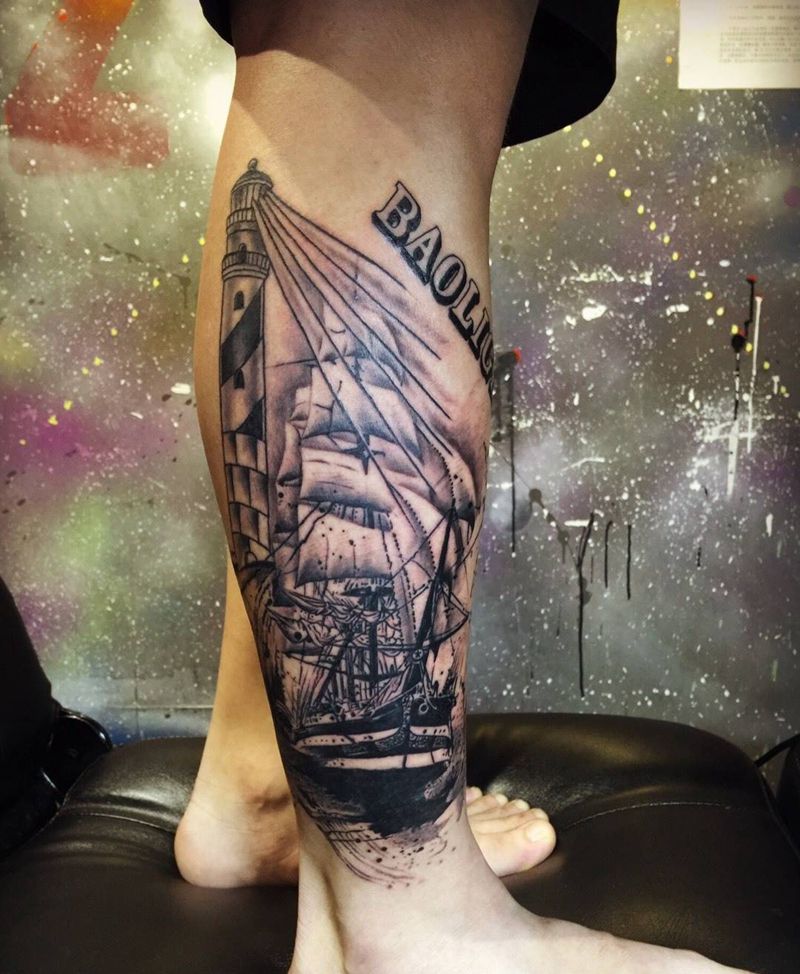 灯塔帆船纹身图片_腿部成品欧美交通工具纹身图案