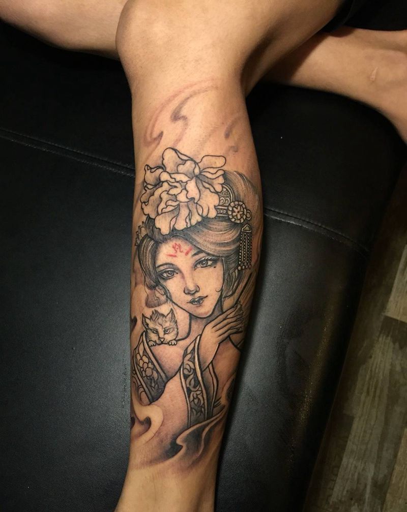 艺妓纹身图片_成品腿部传统人物纹身图案