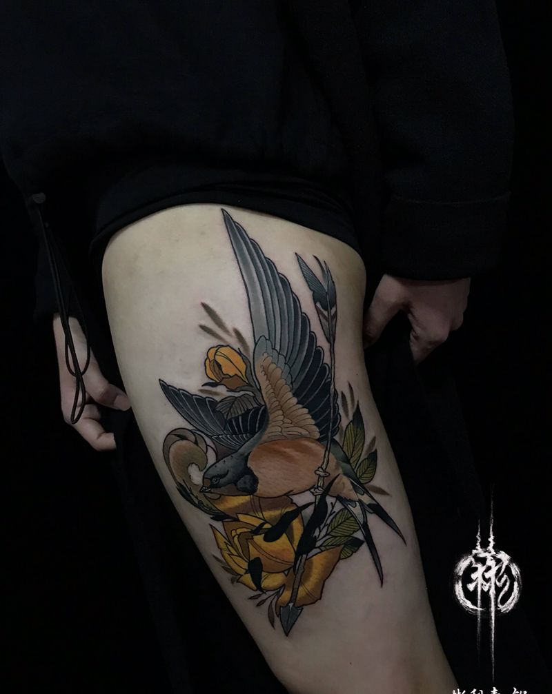 小钦作品纹身图片_腿部水彩水墨纹身图案