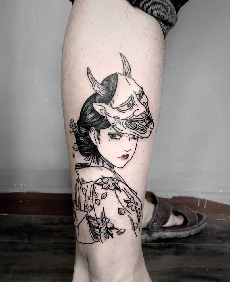 艺妓纹身图片_腿部新传统纹身图案