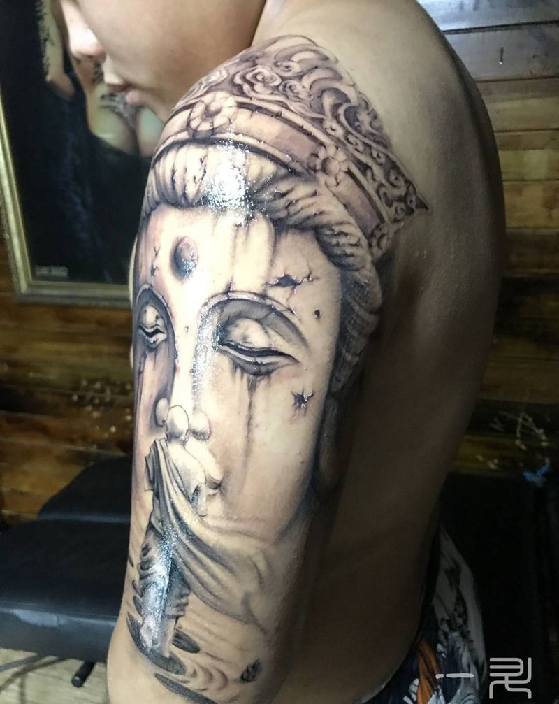 石雕佛像纹身图片_手臂欧美写实纹身图案