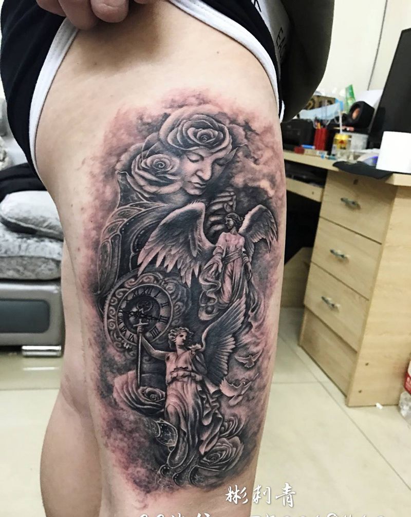 欧美风纹身图片_成品腿部欧美写实纹身图案