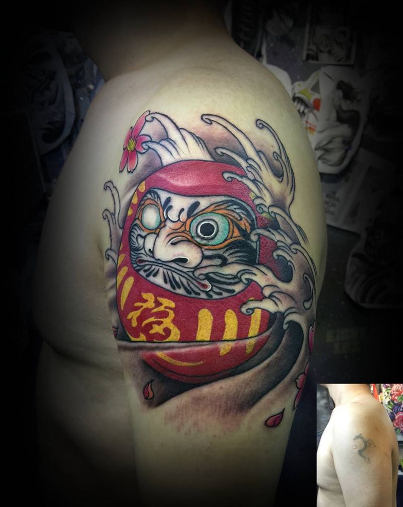 达摩蛋纹身图片_成品手臂传统鬼神纹身图案