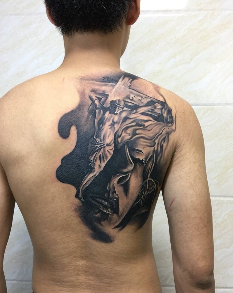 耶稣纹身图片_成品背部欧美人物纹身图案