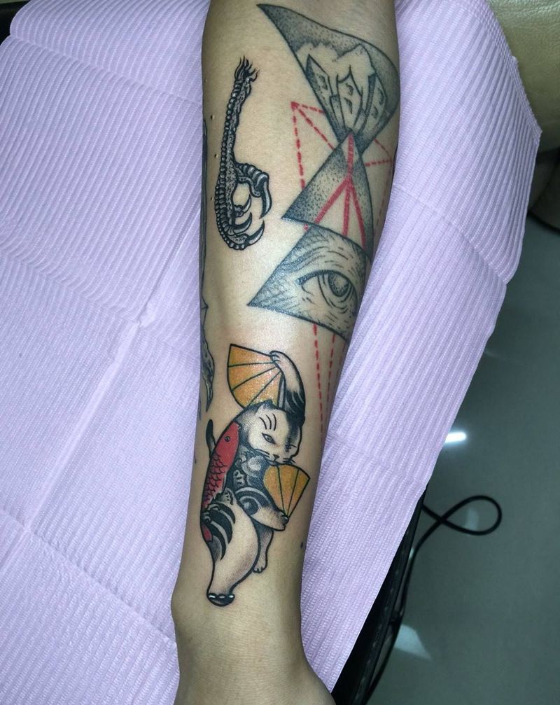 喵纹身图片_手臂成品传统动物纹身图案