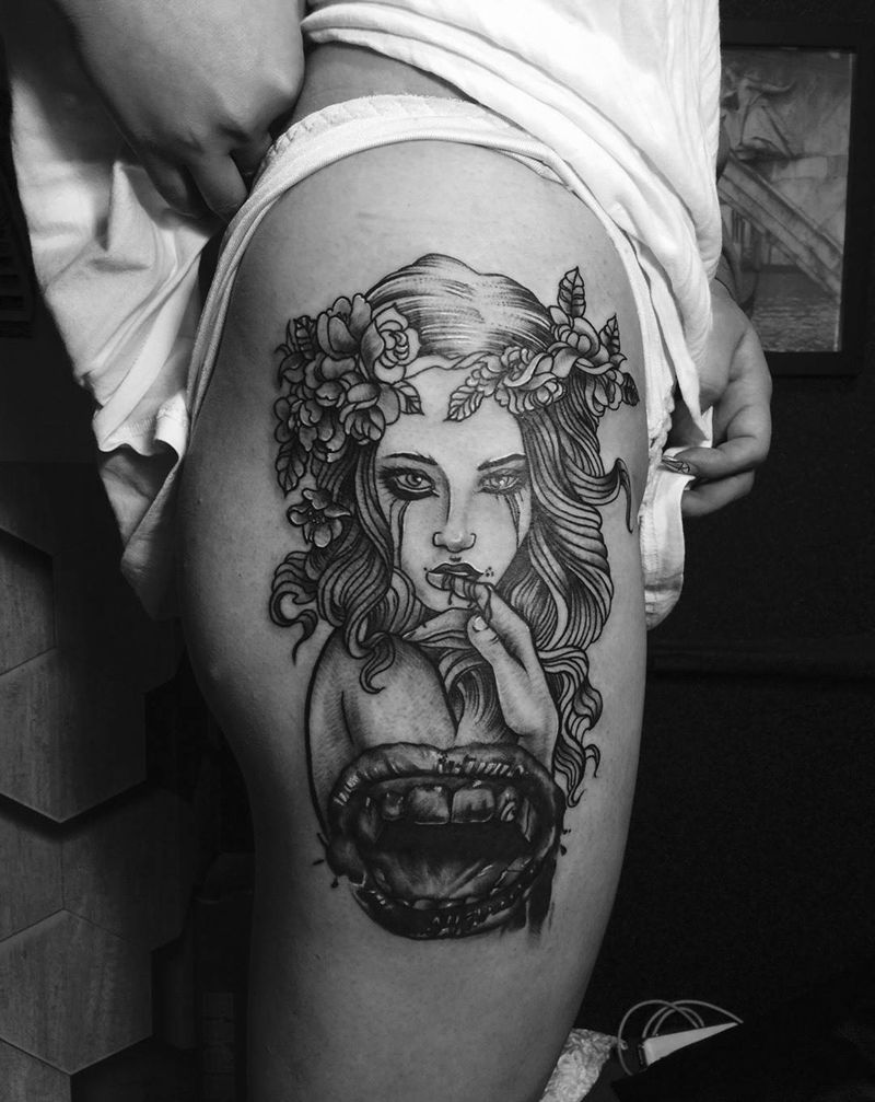 oldschooltattoo纹身图片_成品腿部欧美人物纹身图案