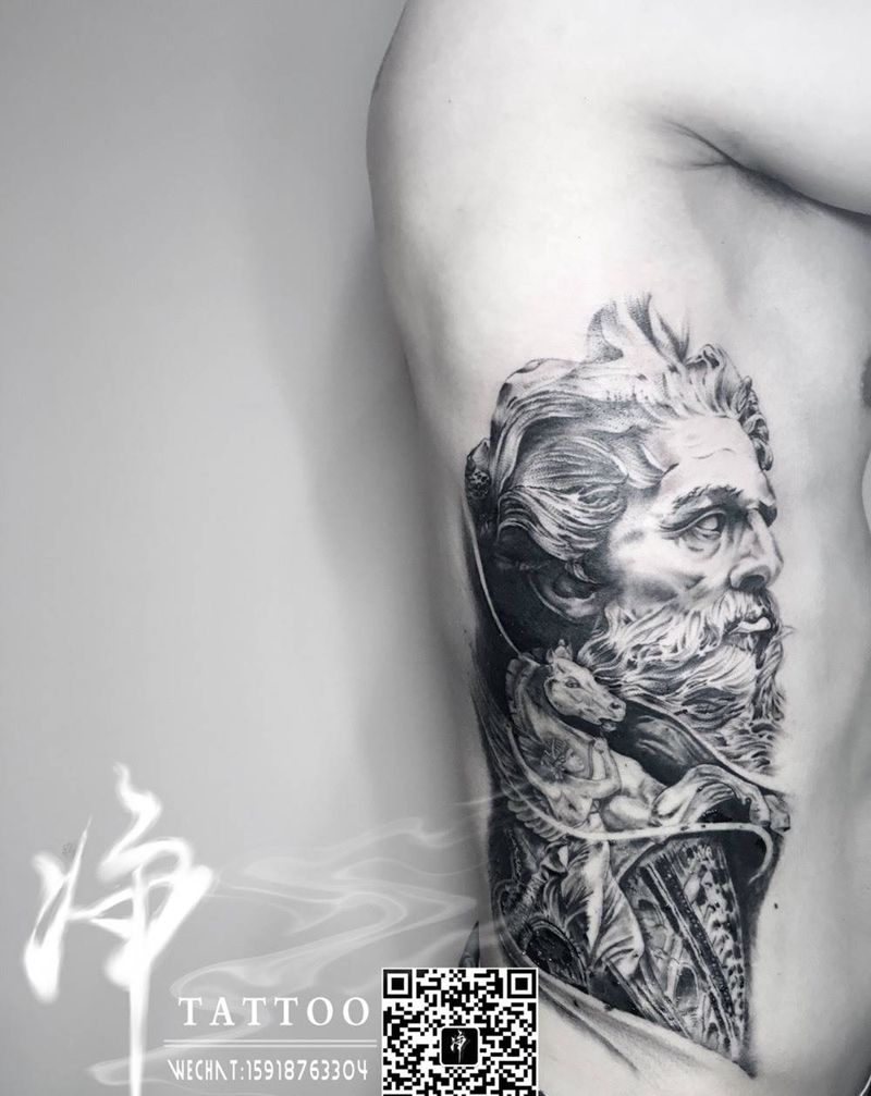 宙斯纹身纹身图片_成品腰部腹部欧美肖像写实纹身图案