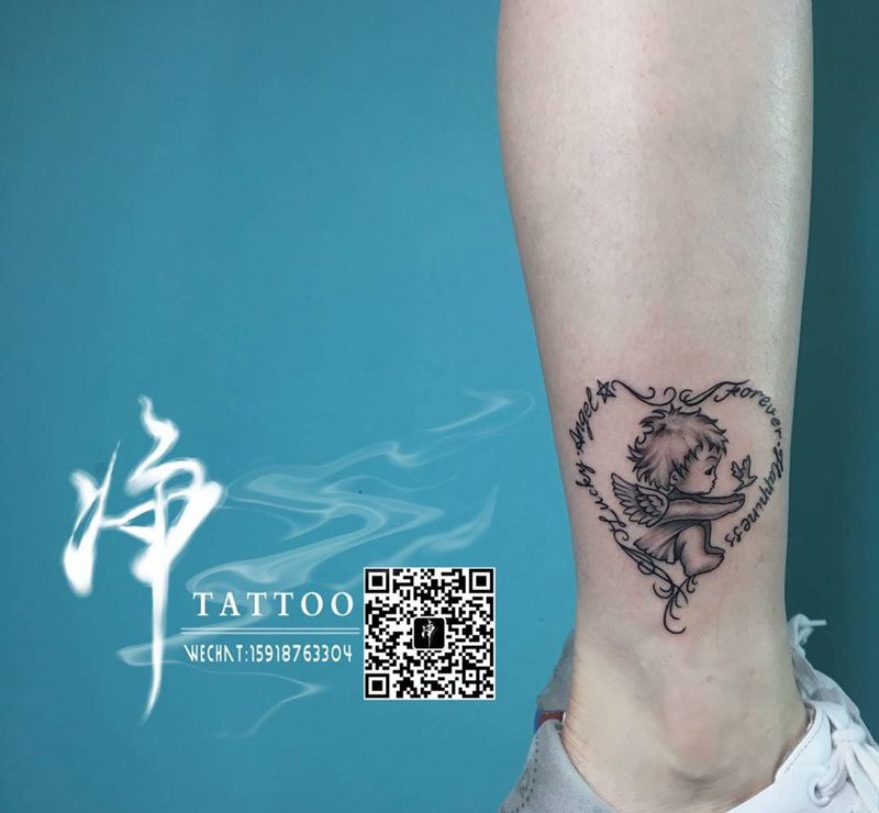 小天使纹身图片_成品脚部欧美写实清新人物鬼神情侣字符肖像纹身图案